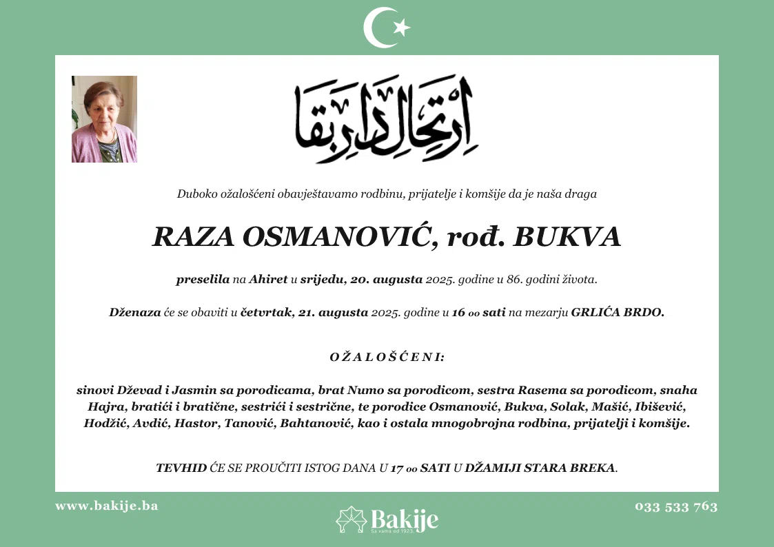 Smrtovnica — Raza Osmanović, rođ. Bukva