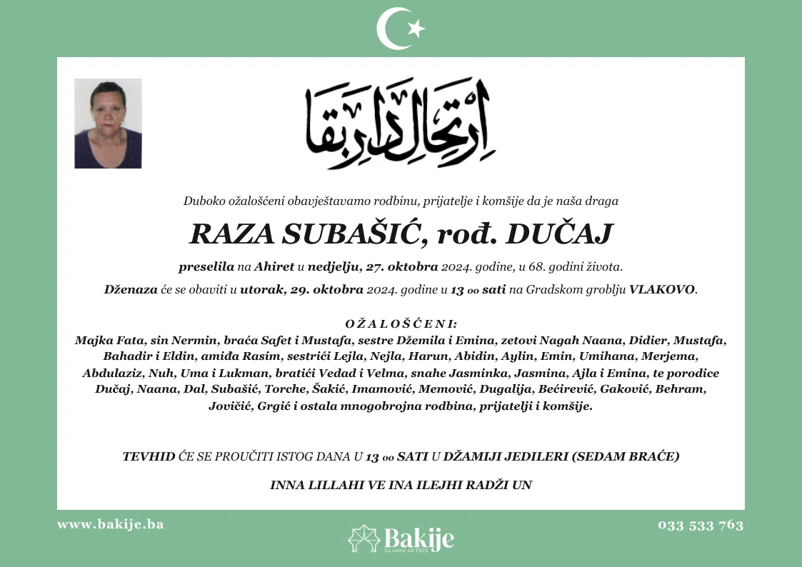 Smrtovnica — Raza Subašić, rođ. Dučaj