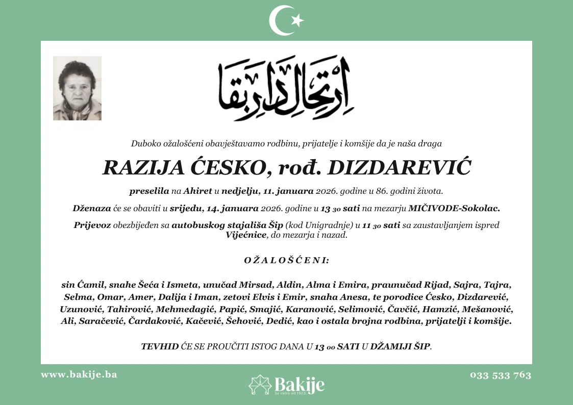 Smrtovnica — Razija Ćesko, rođ. Dizdarević