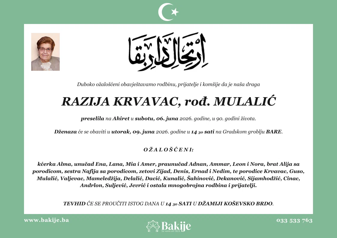 Smrtovnica — Razija Krvavac, rođ. Mulalić