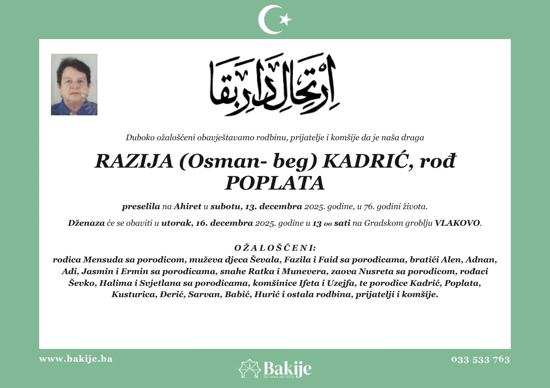 Smrtovnica — Razija (Osman- Beg) Kadrić, Rođ Poplata