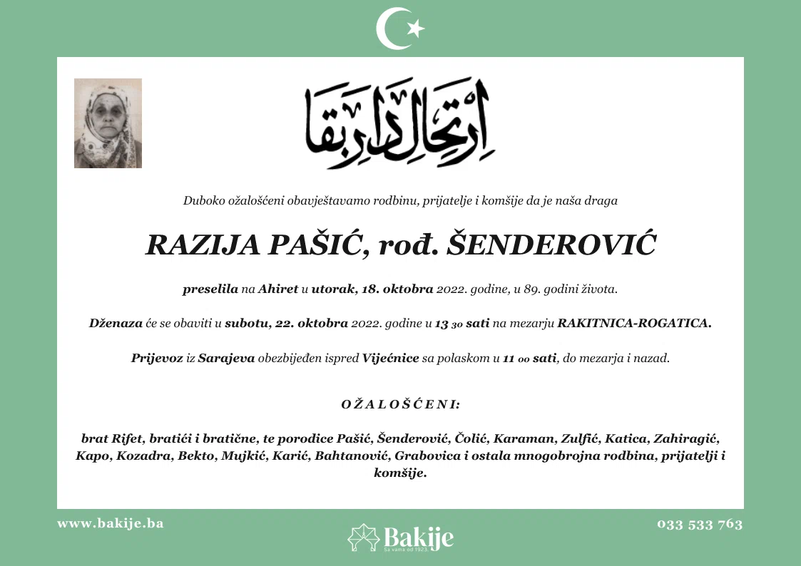 Smrtovnica — Razija Pašić, rođ. Šenderović