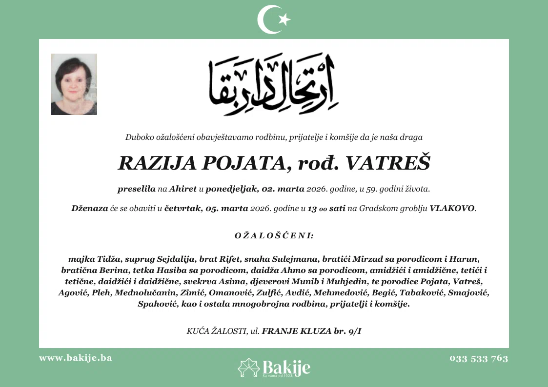 Smrtovnica — Razija Pojata, rođ. Vatreš