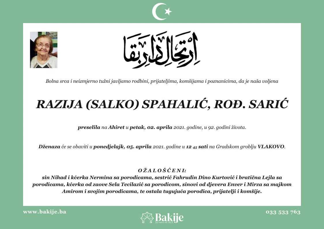 Smrtovnica — Razija (Salko) Spahalić, rođ. Sarić