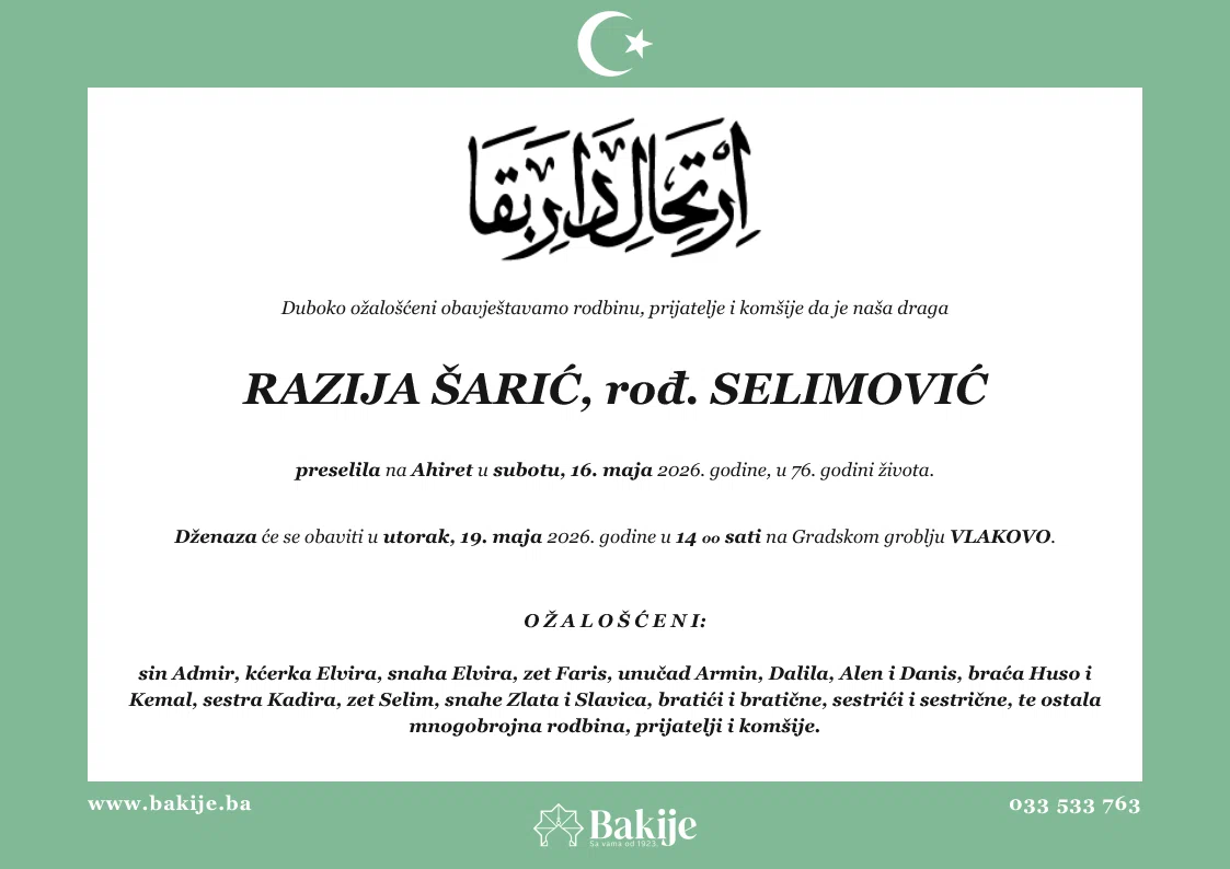 Smrtovnica — Razija Šarić, rođ. Selimović