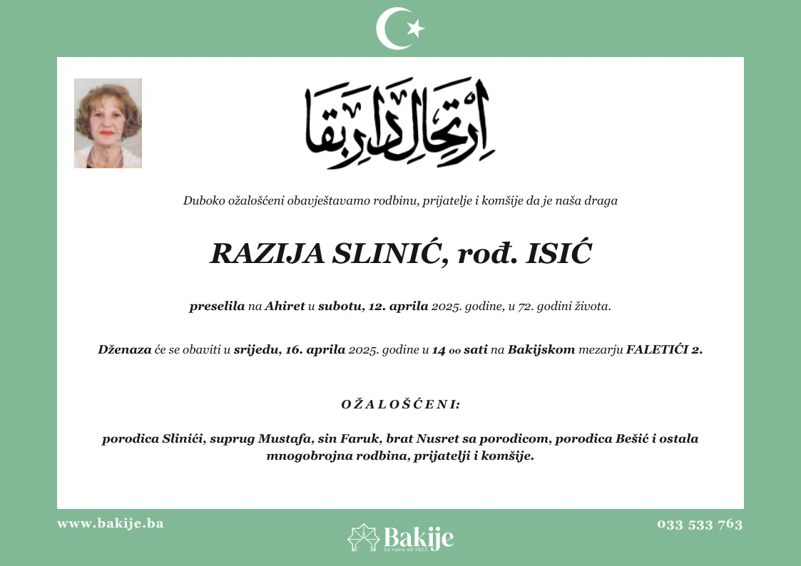 Smrtovnica — Razija Slinić, rođ. Isić