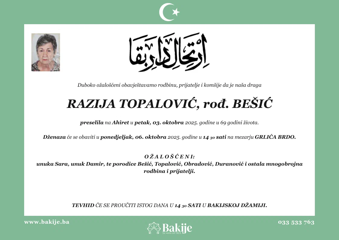 Smrtovnica — Razija Topalović, rođ. Bešić