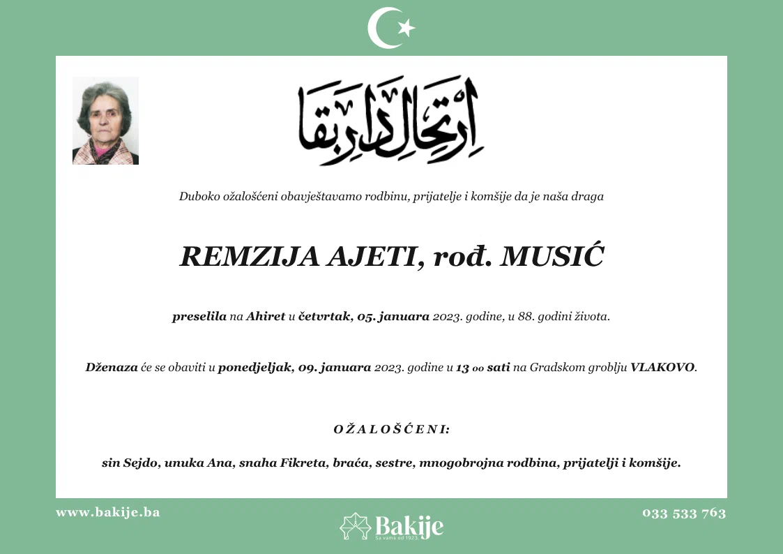 Smrtovnica — Remzija Ajeti, rođ. Musić