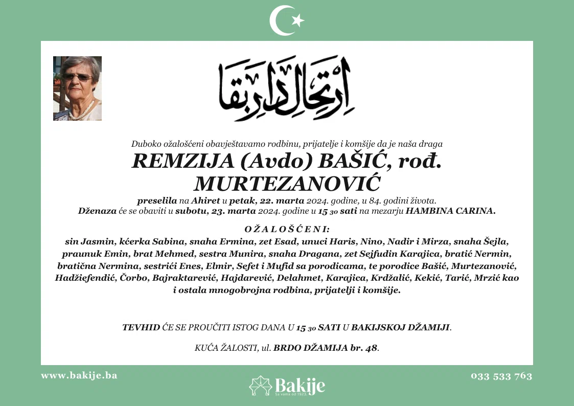 Smrtovnica — Remzija (Avdo) Bašić, rođ. Murtezanović