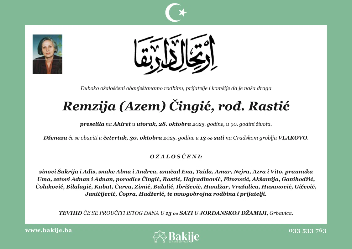 Smrtovnica — Remzija (Azem) Čingić, rođ. Rastić