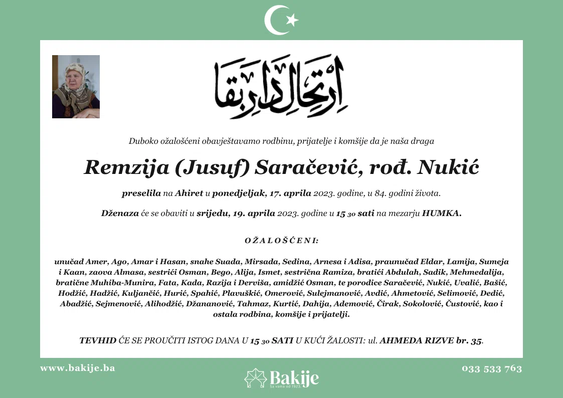 Smrtovnica — Remzija (Jusuf) Saračević, rođ. Nukić