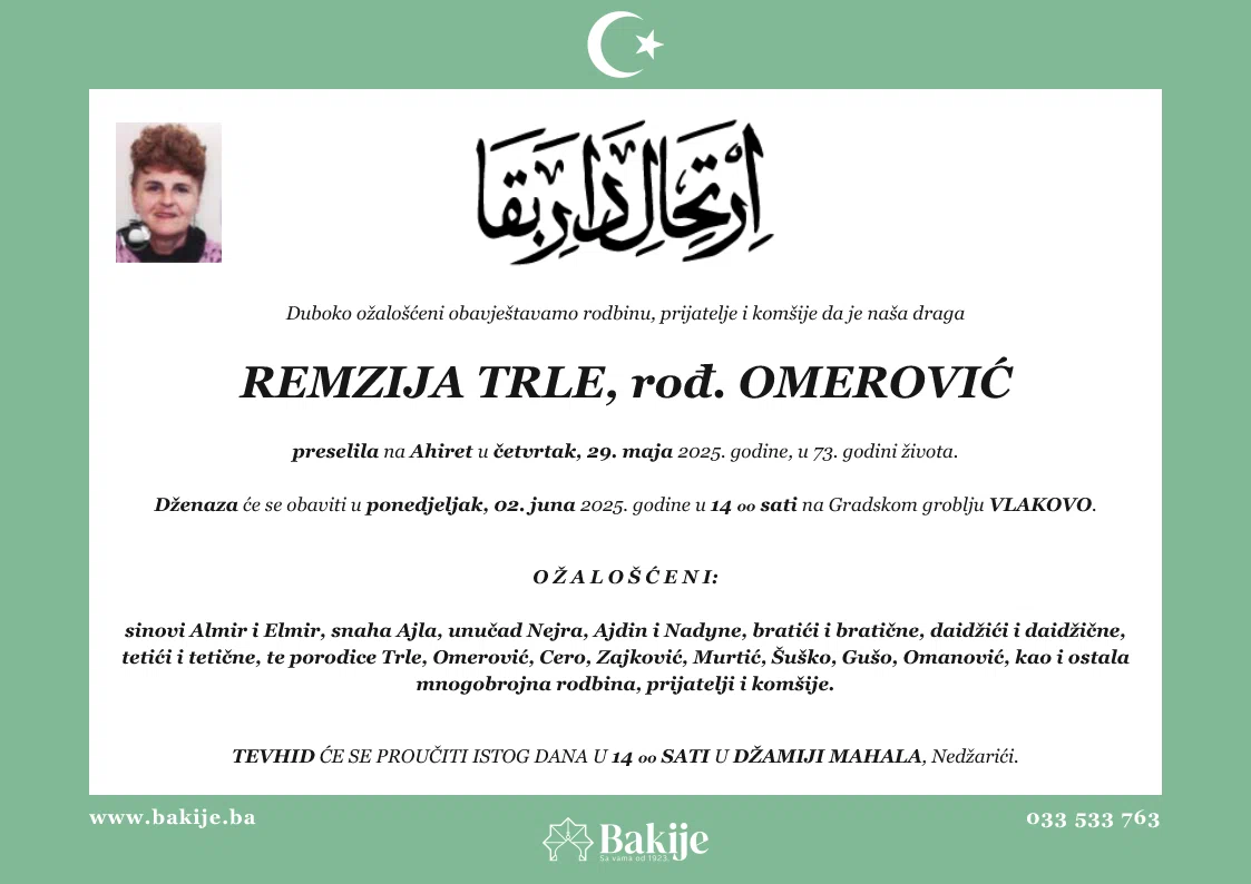 Smrtovnica — Remzija Trle, rođ. Omerović