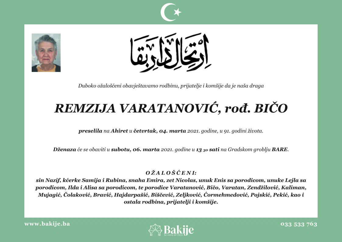 Smrtovnica — Remzija Varatanović, rođ. Bičo