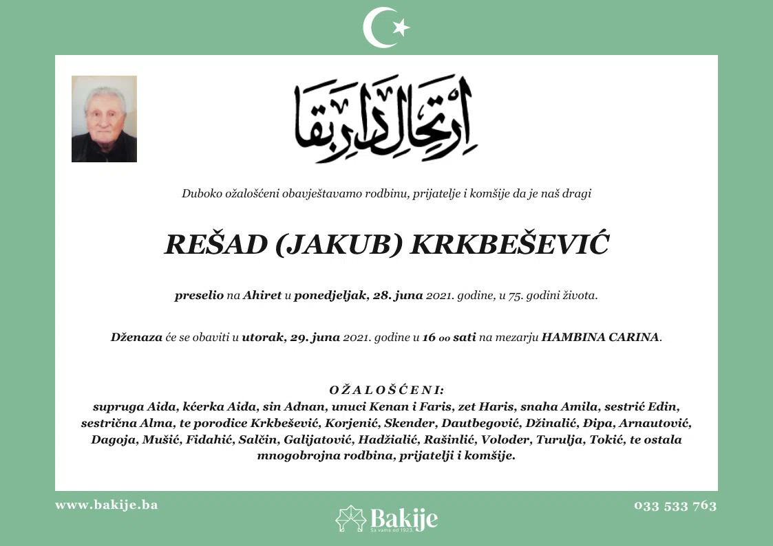 Smrtovnica — Rešad (Jakub) Krkbešević