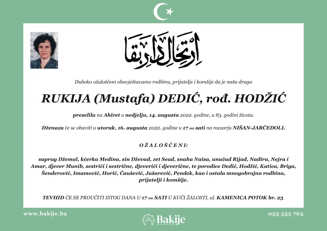 Smrtovnica — Rukija (Mustafa) Dedić, rođ. Hodžić