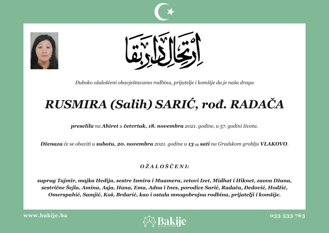 Smrtovnica — Rusmira (Salih) Sarić, rođ. Radača