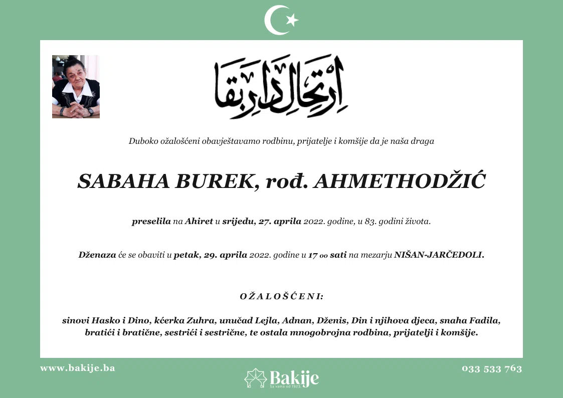 Smrtovnica — Sabaha Burek, rođ. Ahmethodžić