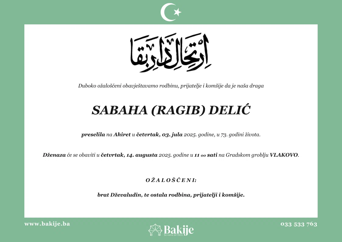 Smrtovnica — Sabaha (Ragib) Delić