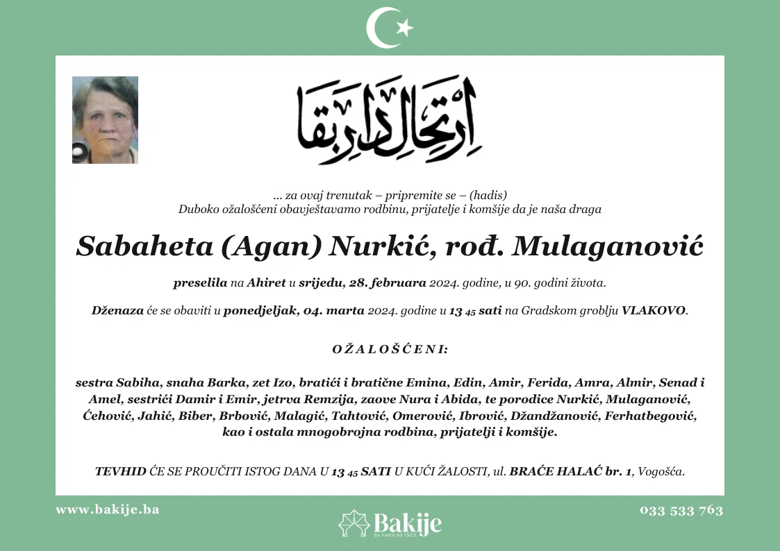 Smrtovnica — Sabaheta (Agan) Nurkić, rođ. Mulaganović