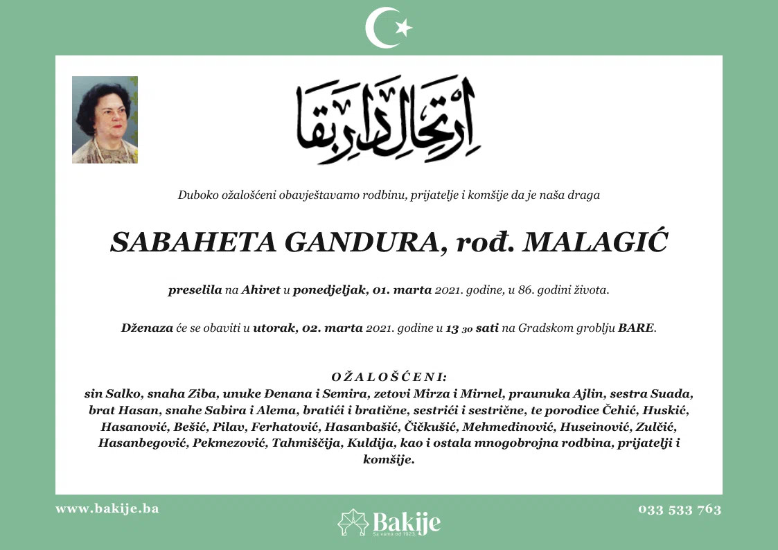 Smrtovnica — Sabaheta Gandura, rođ. Malagić