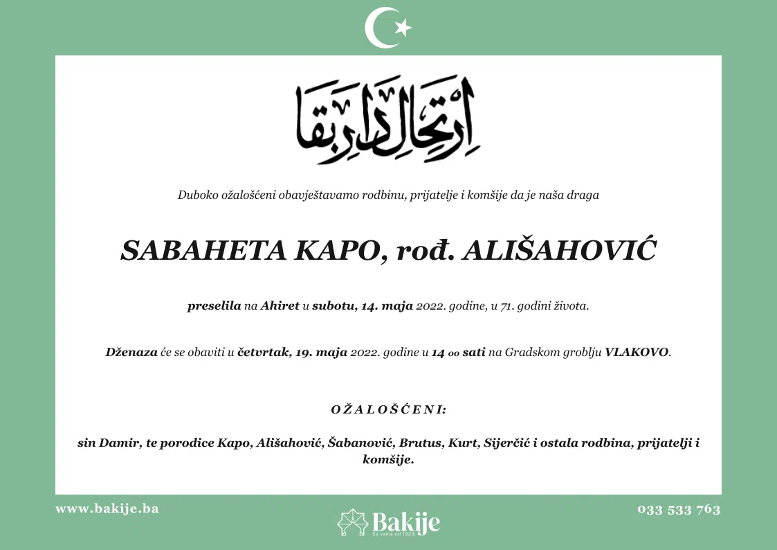 Smrtovnica — Sabaheta Kapo, rođ. Ališahović