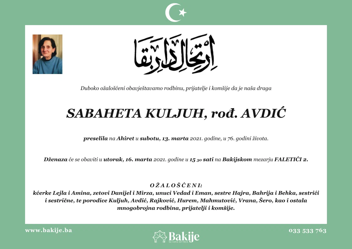 Smrtovnica — Sabaheta Kuljuh, rođ. Avdić