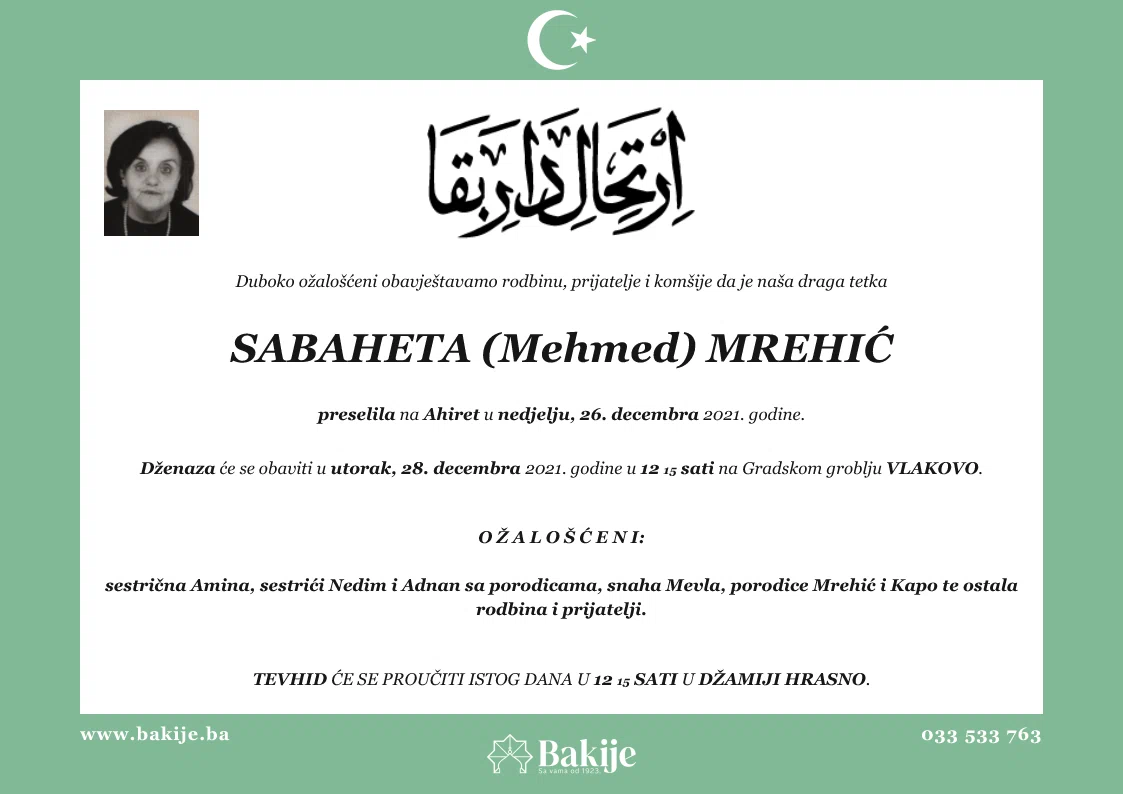 Smrtovnica — Sabaheta (Mehmed) Mrehić