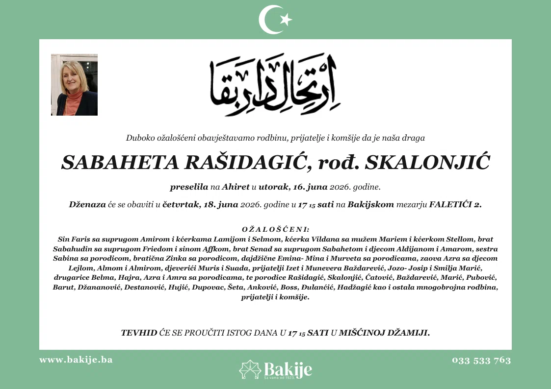 Smrtovnica — Sabaheta Rašidagić, rođ. Skalonjić