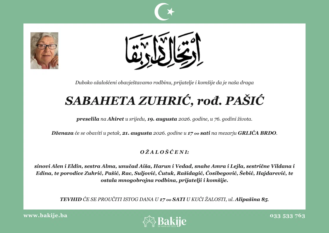 Smrtovnica — Sabaheta Zuhrić, rođ. Pašić