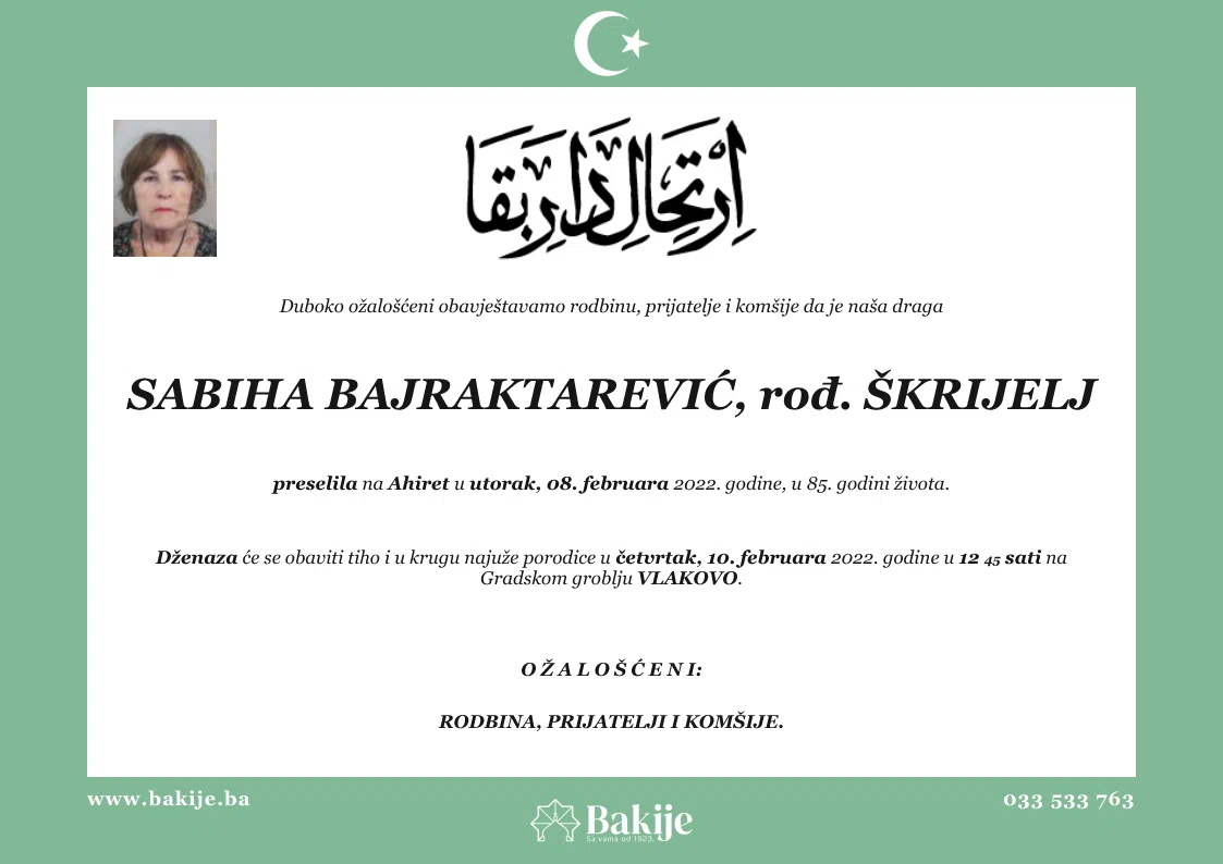 Smrtovnica — Sabiha Bajraktarević, rođ. Škrijelj