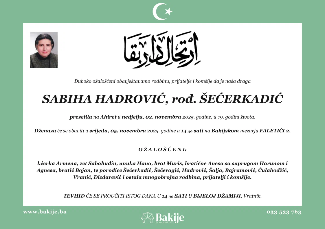 Smrtovnica — Sabiha Hadrović, rođ. Šećerkadić
