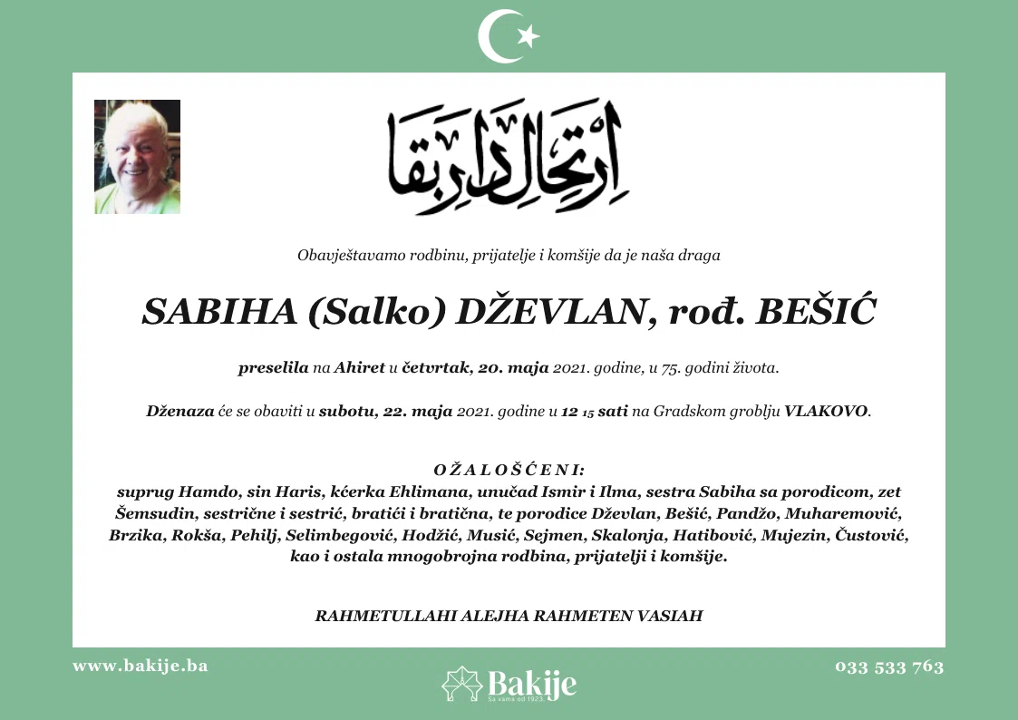 Smrtovnica — Sabiha (Salko) Dževlan, rođ. Bešić