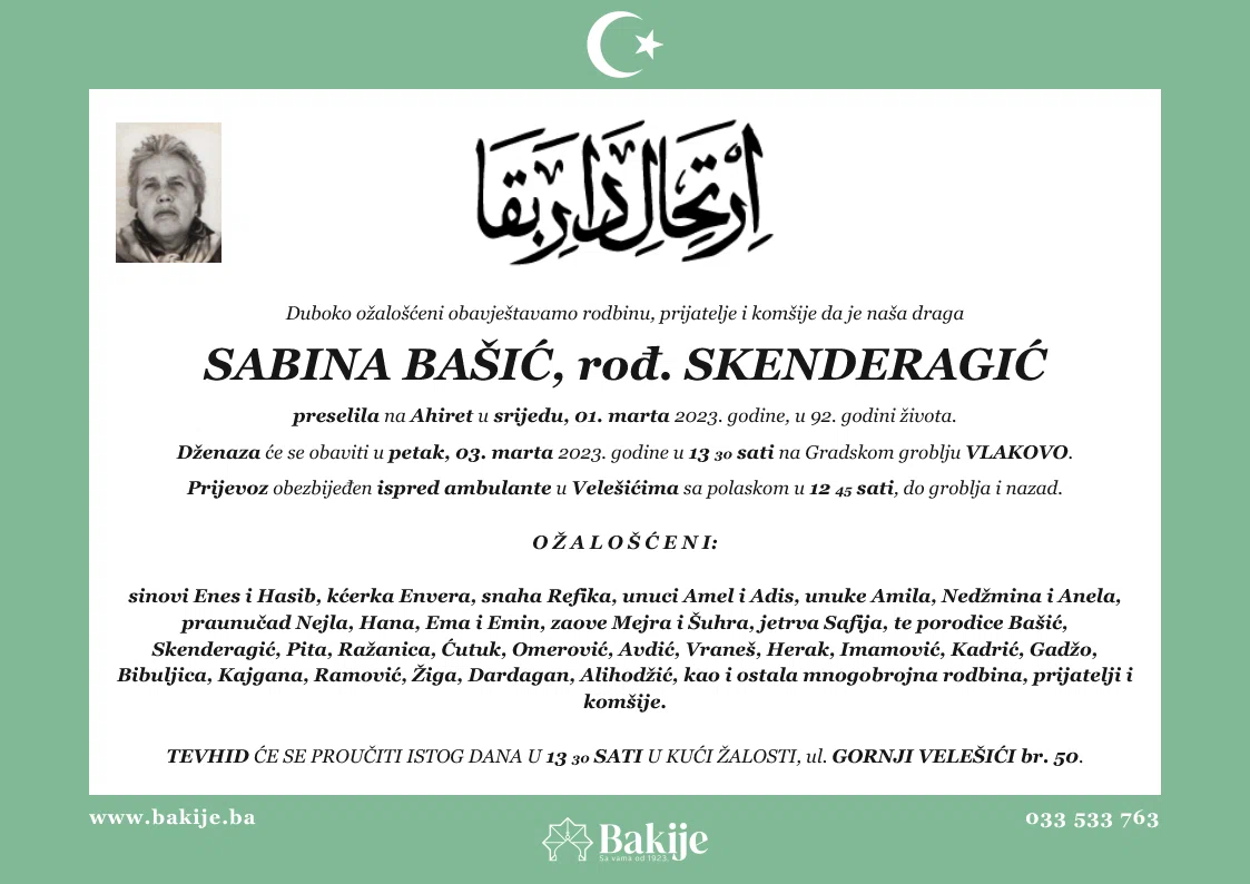 Smrtovnica — Sabina Bašić, rođ. Skenderagić