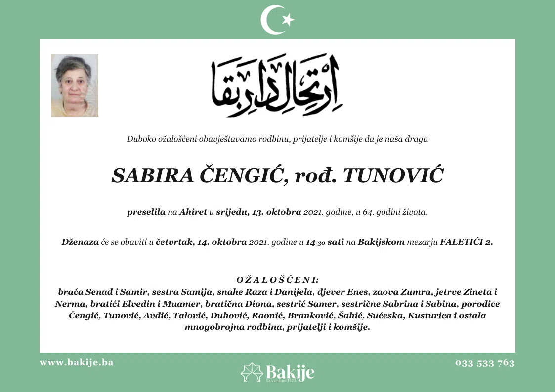 Smrtovnica — Sabira Čengić, rođ. Tunović