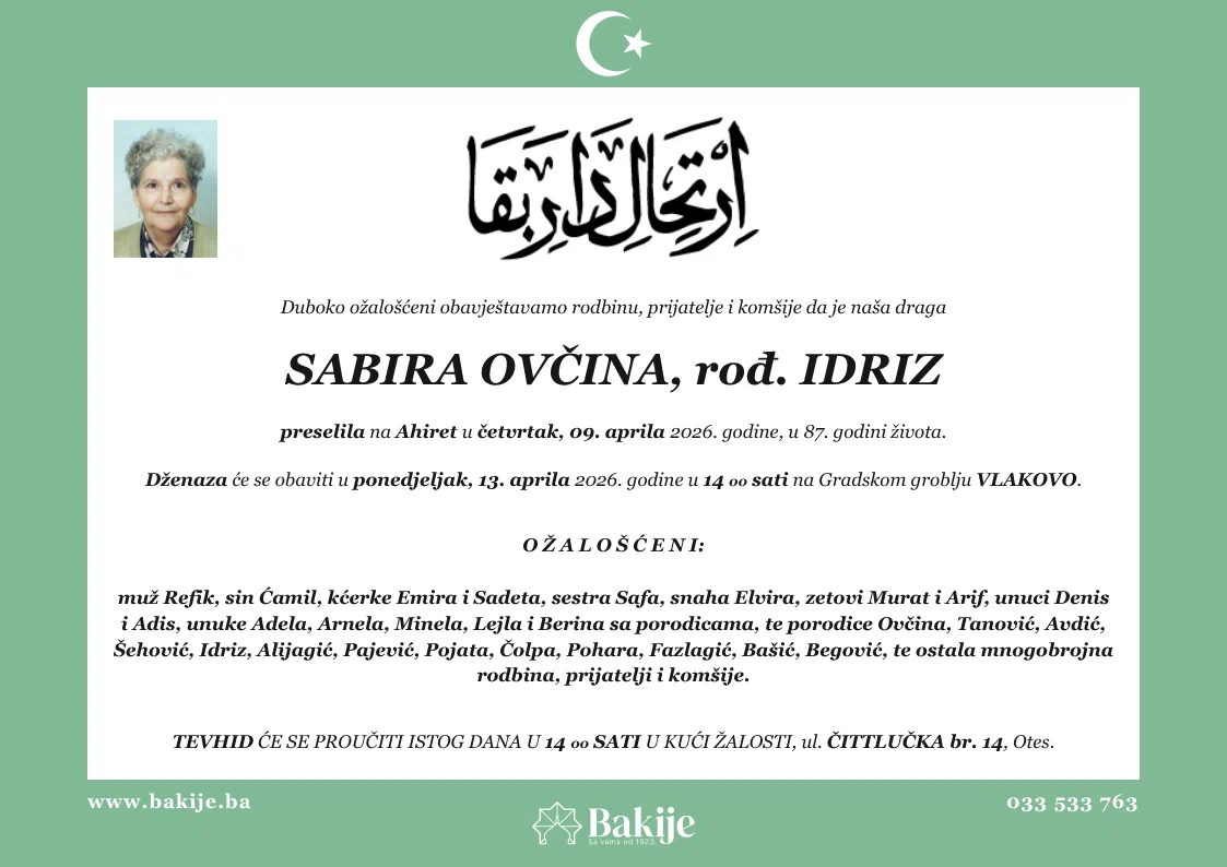 Smrtovnica — Sabira Ovčina, rođ. Idriz