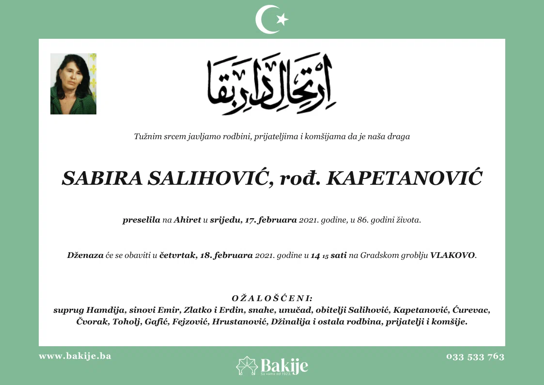 Smrtovnica — Sabira Salihović, rođ. Kapetanović