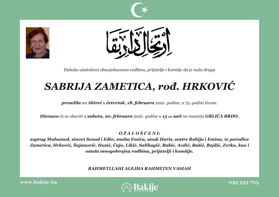 Smrtovnica — Sabrija Zametica, rođ. Hrković