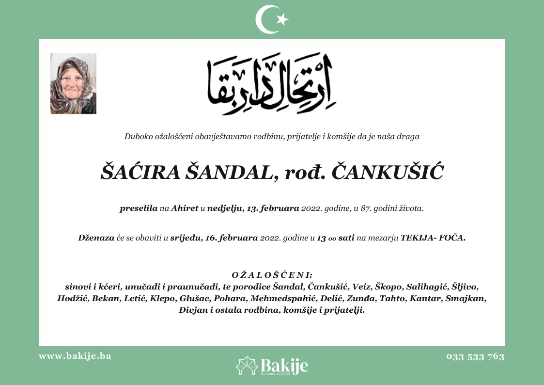 Smrtovnica — Šaćira Šandal, rođ. Čankušić