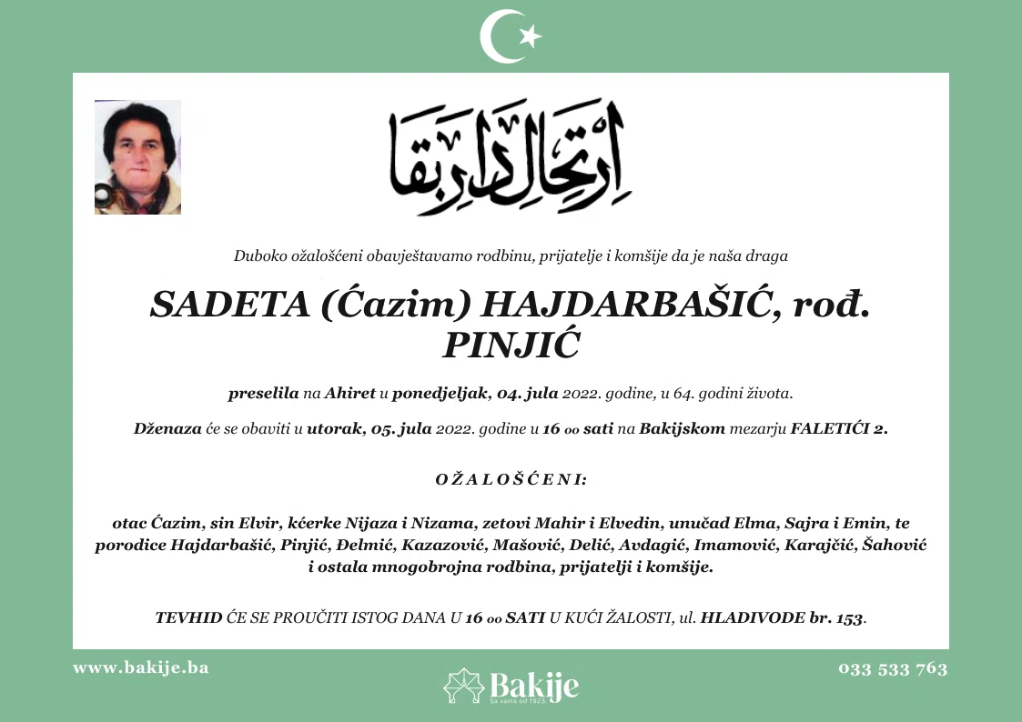 Smrtovnica — Sadeta (Ćazim) Hajdarbašić, rođ. Pinjić