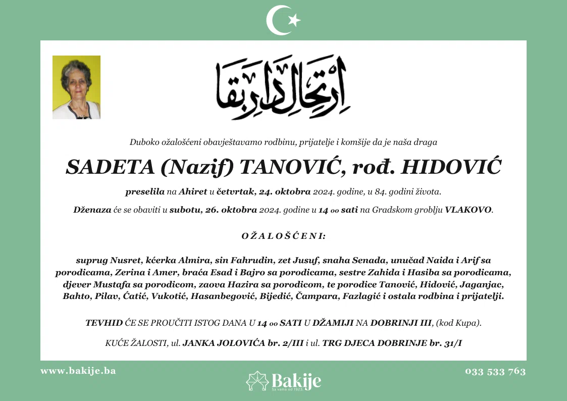 Smrtovnica — Sadeta (Nazif) Tanović, rođ. Hidović
