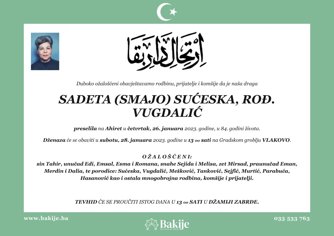 Smrtovnica — Sadeta (Smajo) Sućeska, rođ. Vugdalić