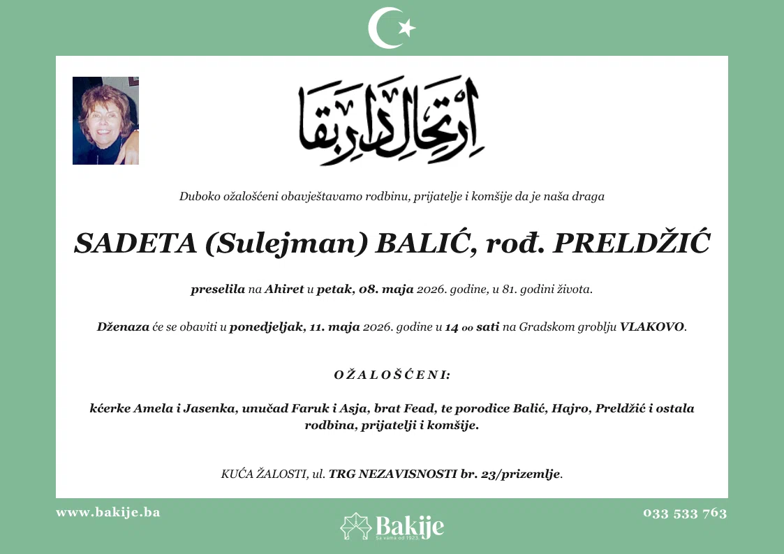 Smrtovnica — Sadeta (Sulejman) Balić, rođ. Preldžić