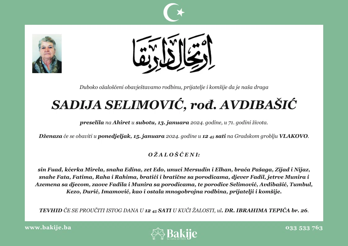 Smrtovnica — Sadija Selimović, rođ. Avdibašić