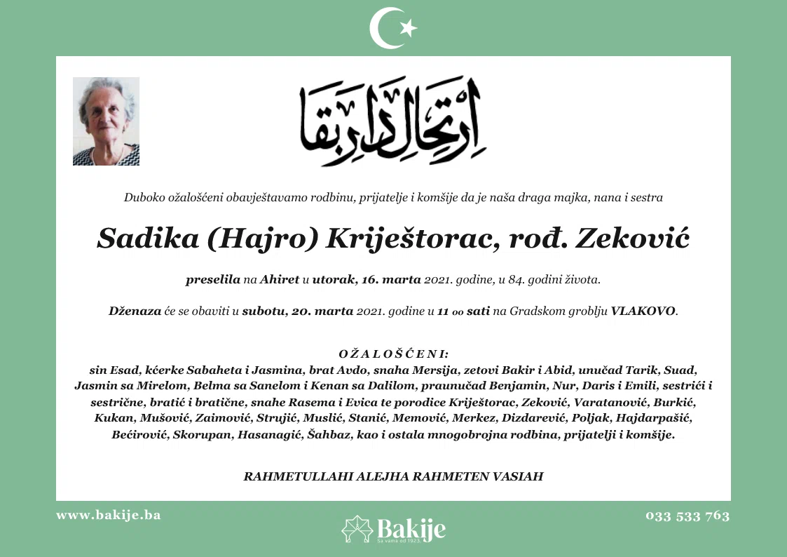 Smrtovnica — Sadika (Hajro) Kriještorac, rođ. Zeković