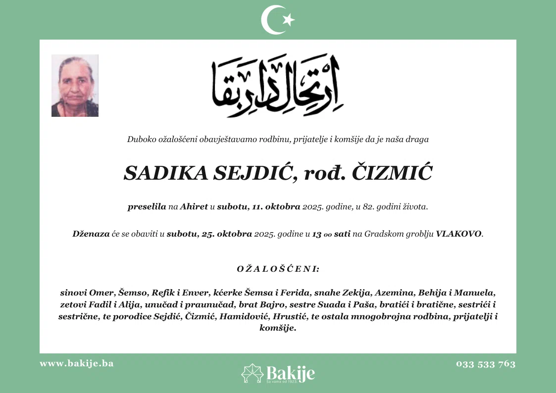 Smrtovnica — Sadika Sejdić, rođ. Čizmić