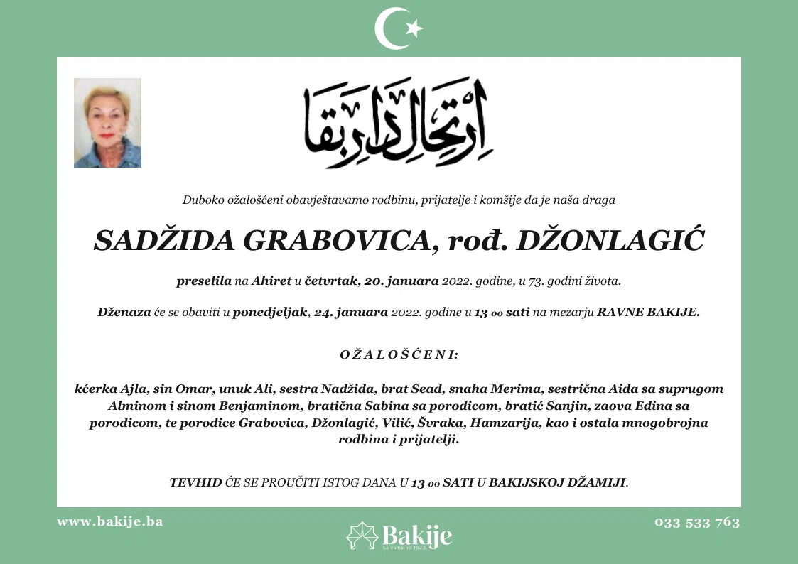 Smrtovnica — Sadžida Grabovica, rođ. Džonlagić
