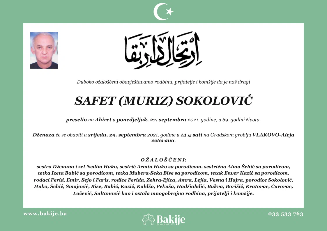 Smrtovnica — Safet (Muriz) Sokolović