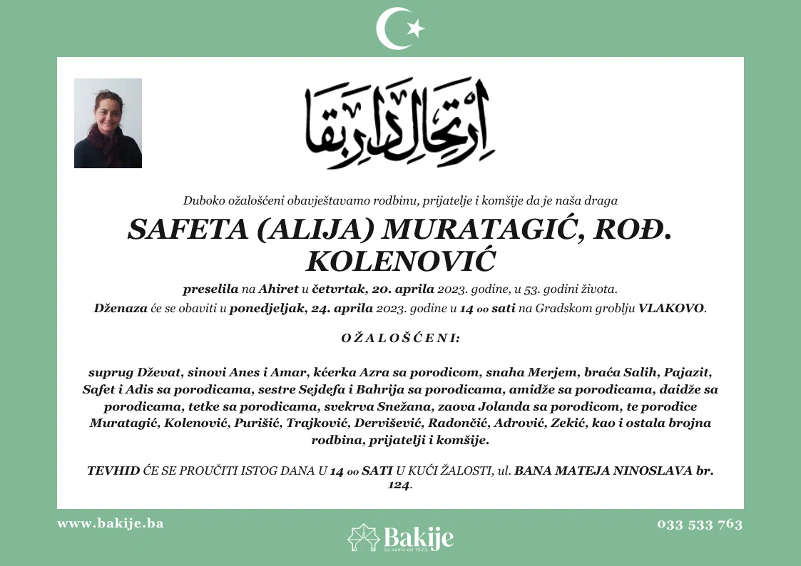 Smrtovnica — Safeta (Alija) Muratagić, rođ. Kolenović