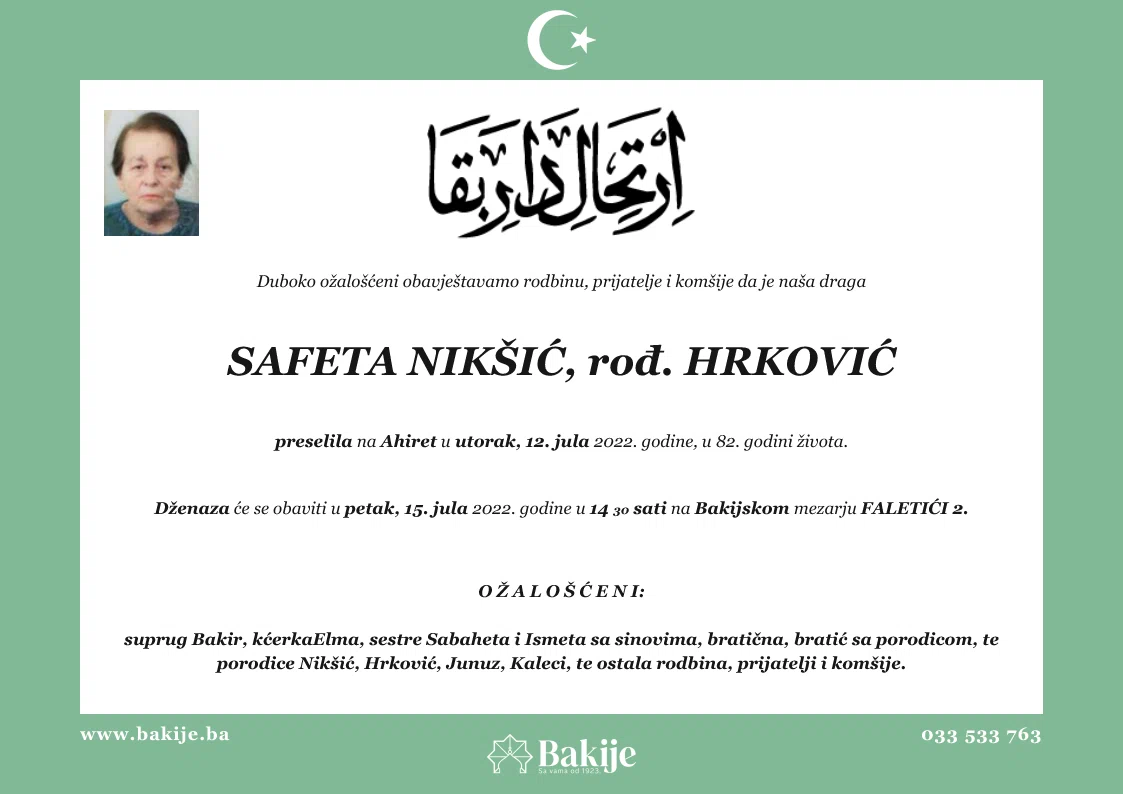 Smrtovnica — Safeta Nikšić, rođ. Hrković
