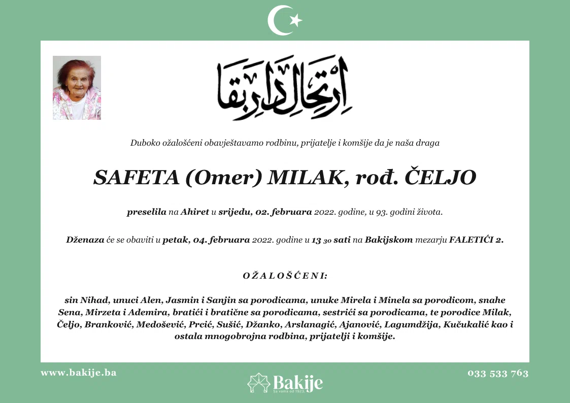 Smrtovnica — Safeta (Omer) Milak, rođ. Čeljo